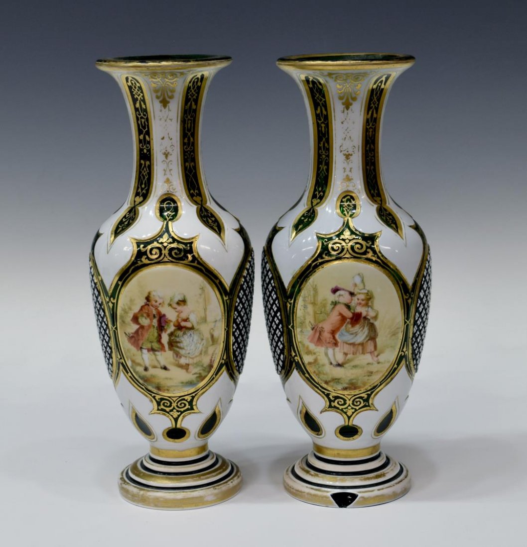2) ANTIQUE PARCEL GILT GREEN & WHITE OVERLAY VASES (1 of 4)