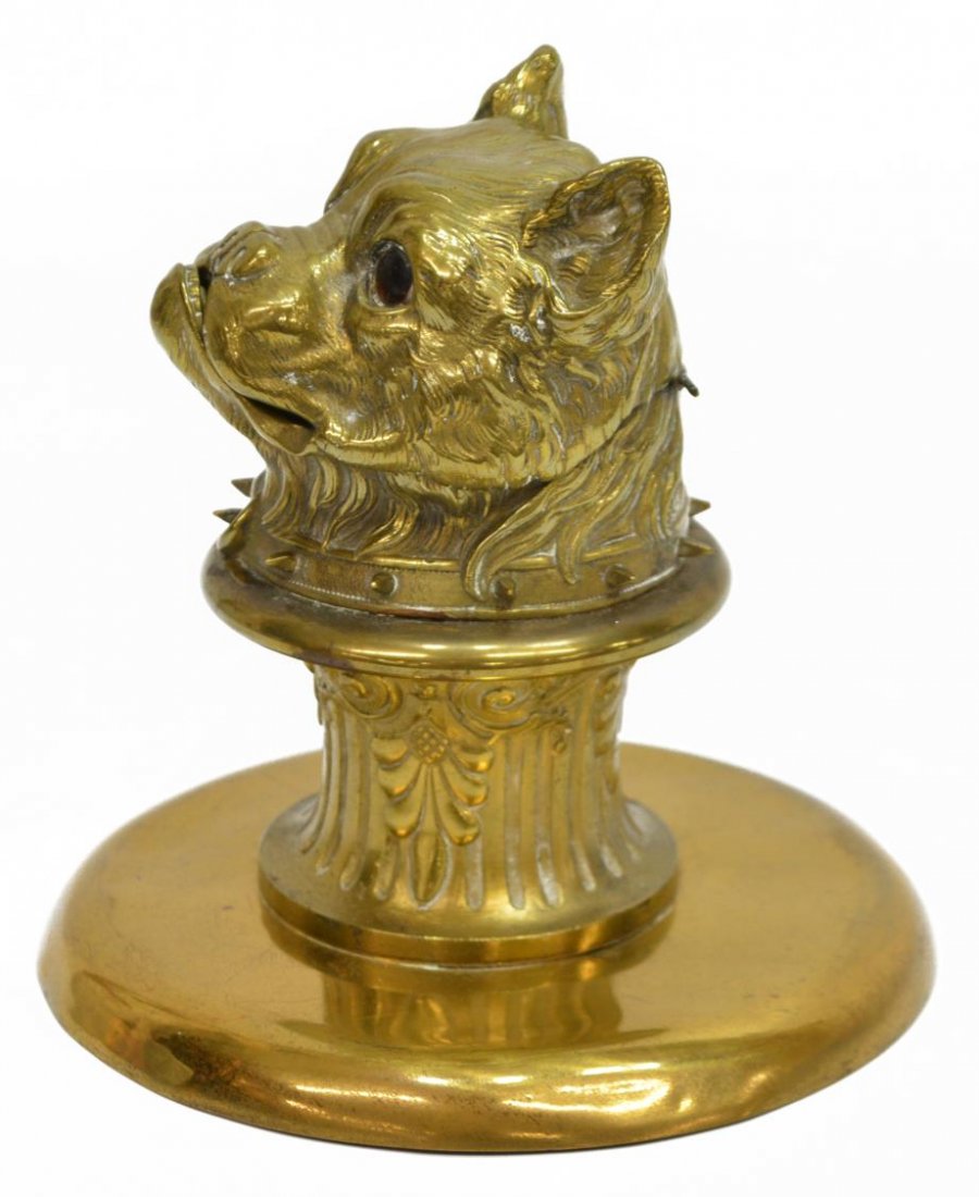 GILT BRASS FIGURAL DOG INKWELL, INSET EYES (1 of 6)