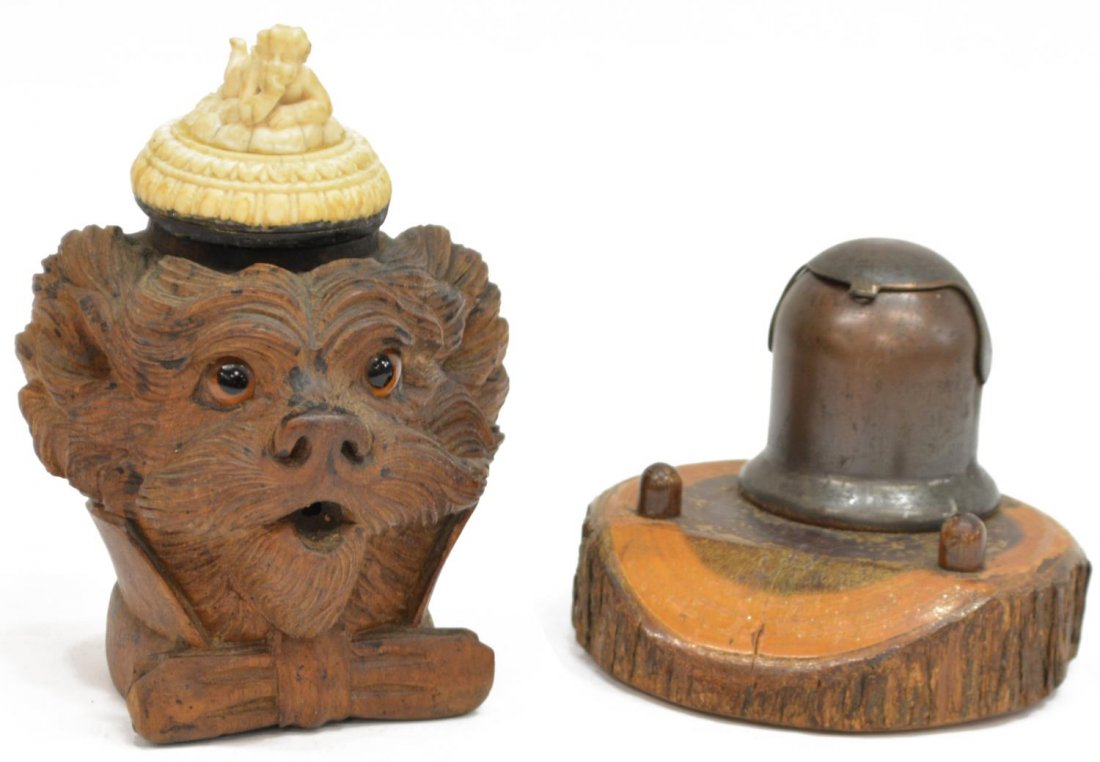 (2) BLACK FOREST STYLE DOG & CARVED LOG INKWELLS: (lot of 2) Antique carved wood lidded inkwells, comprising: (1) Black Forest style dog inkwell, having a carved bone lid over dog head, resin eyes, 5.75"h; (1) cylindrical inkwell with retracting lid,
