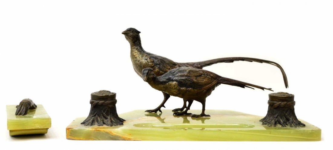 AUSTRIAN BRONZE & ONYX PHEASANT INKWELL DESK SET (1 of 8)