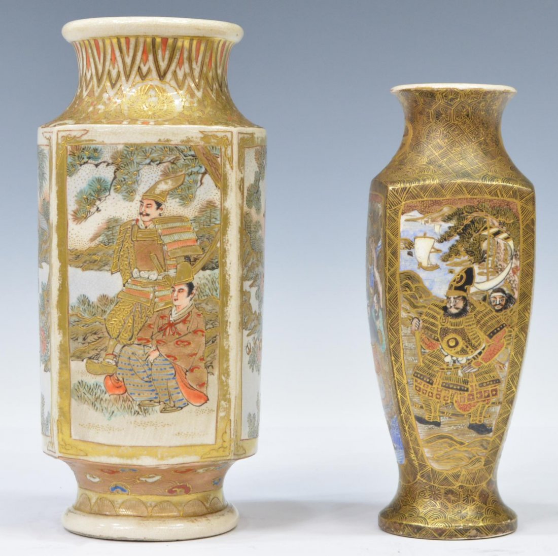 (2) ANTIQUE JAPANESE SATSUMA PARCEL GILT VASES: (lot of 2) Antique Japanese Satsuma parcel gilt earthenware vases, comprising: (1) squared vase, with foliate band around rim, the body decorated with bird-and-flower and figural reserves of samurai o