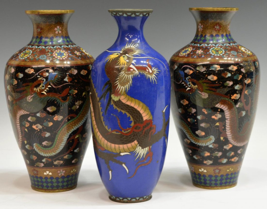 (3) JAPANESE MEIJI PERIOD CLOISONNE DRAGON VASES (1 of 4)