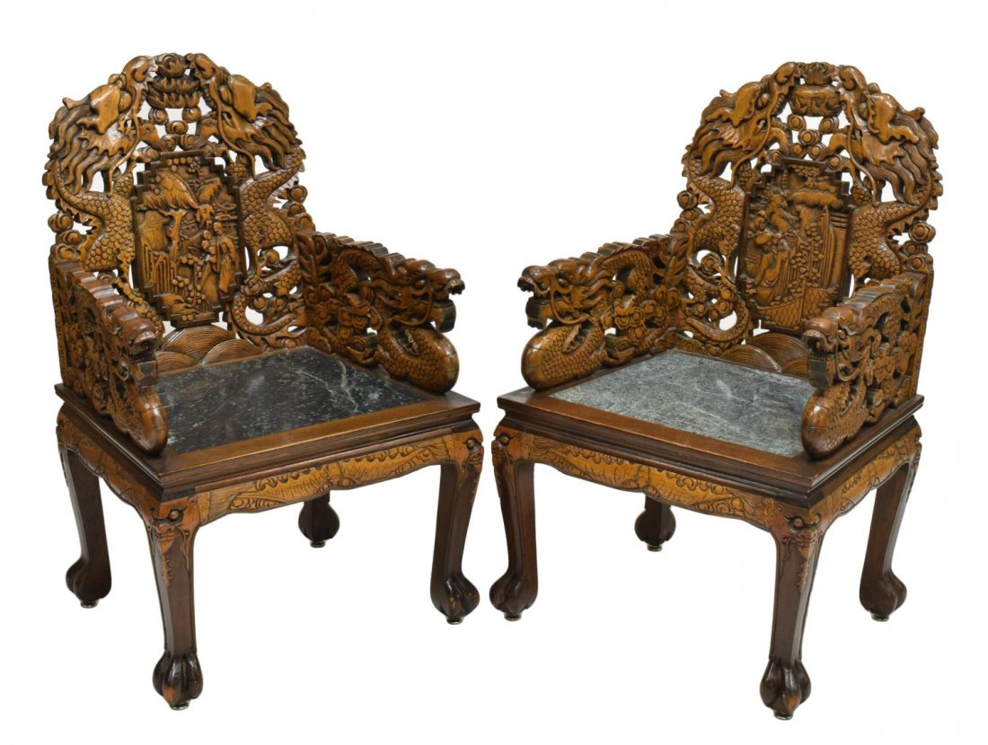(2) HIGHLY CARVED CHINESE DRAGON & MARBLE CHAIRS (1 of 6)