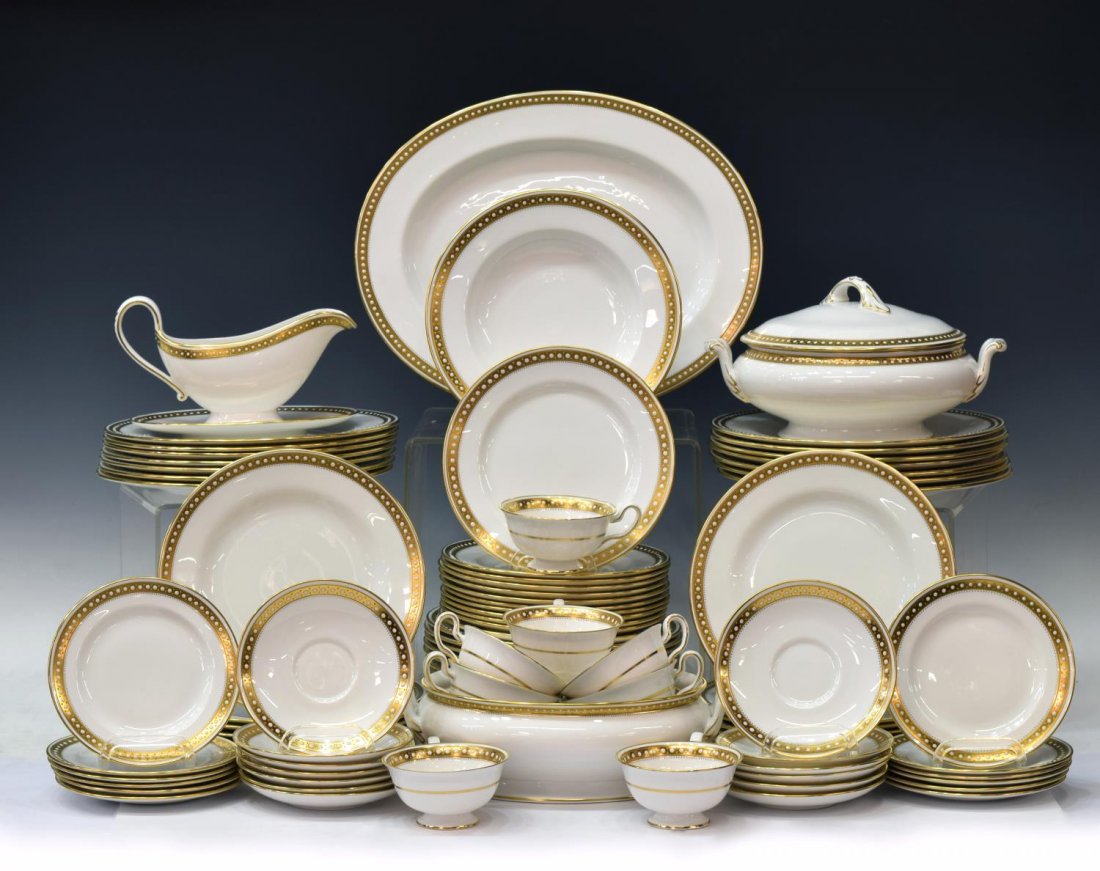 (88)FINE SPODE BONE CHINA GOLD & ENAMEL DINNER SET: (set of 88) Spode bone china dinner service, for T. Goode & Company Limited, London, each having a white ground with ornate gold border with raised enamel dots, including: (14) dinner plates, 10.5"dia