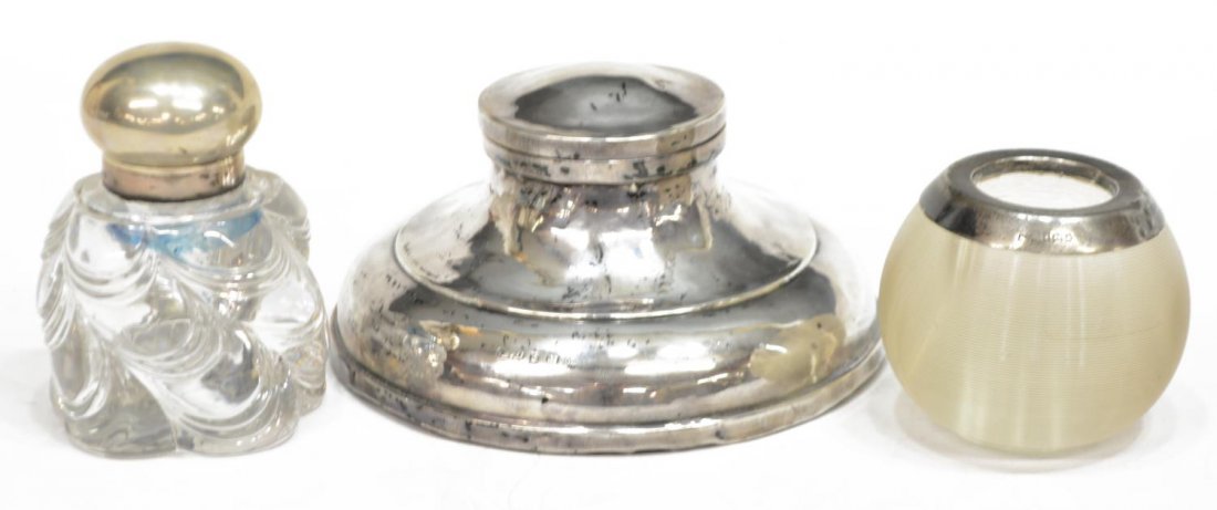 (3) STERLING AND GLASS INKWELLS & MATCH STRIKER (1 of 4)