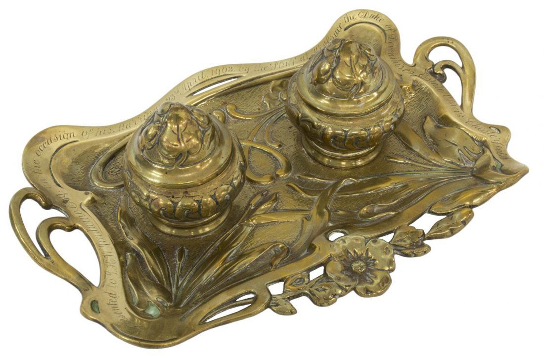 ANTIQUE BRASS ART NOUVEAU ENGRAVED INKSTAND 1903 (1 of 3)