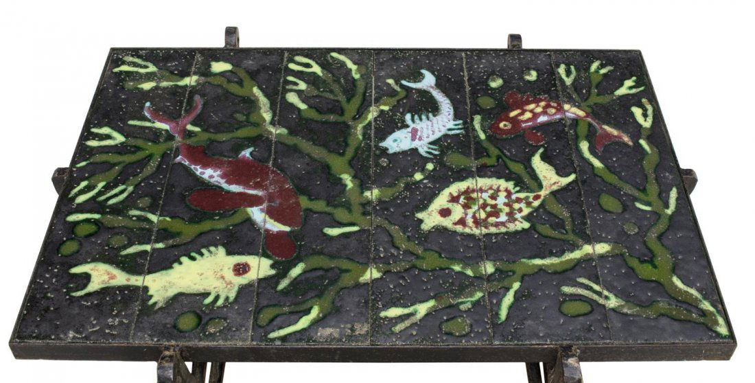 FRENCH ROGER CAPRON CERAMIC &WROUGHT IRON COFFEE TABLE: French glazed ceramic tile and wrought iron coffee table, design after Roger Capron (French 1922-2006), 20th .c, the top composed of six rectangular slabs with fish motif, rising on four legs with joi