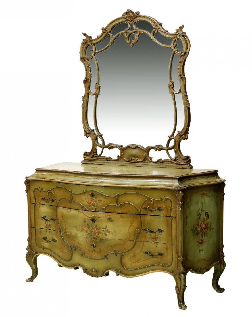 LOUIS XV STYLE PARCEL GILT PAINTED BOMBE COMMODE (1 of 4)