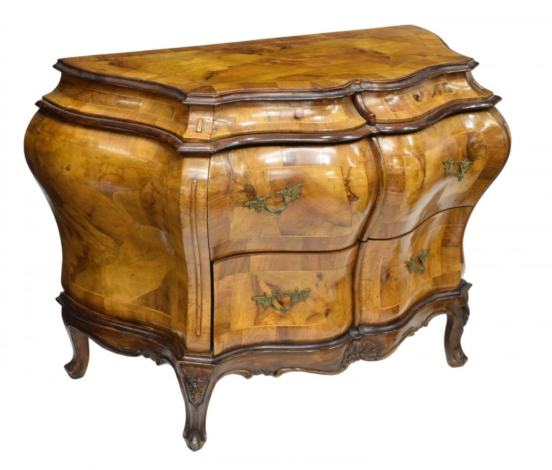 ITALIAN WALNUT PATCHWORK BOMBE COMMODE, 20TH C (1 of 4)