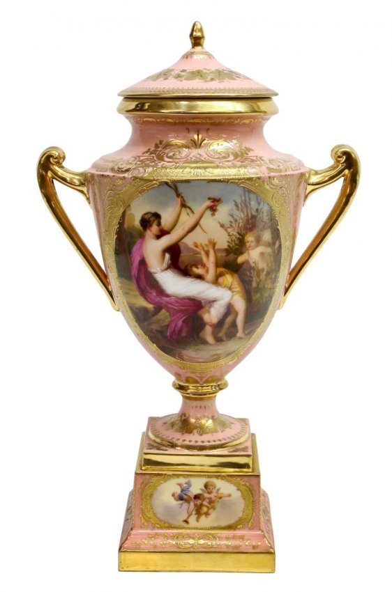 ROYAL VIENNA PORCELAIN COVERED URN, SIGNED, 19TH C (1 of 9)
