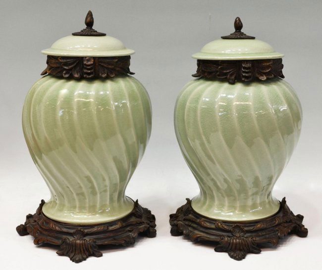 PAIR LARGE BRONZE MOUNTED CELADON PORCELAIN URNS (1 of 10)