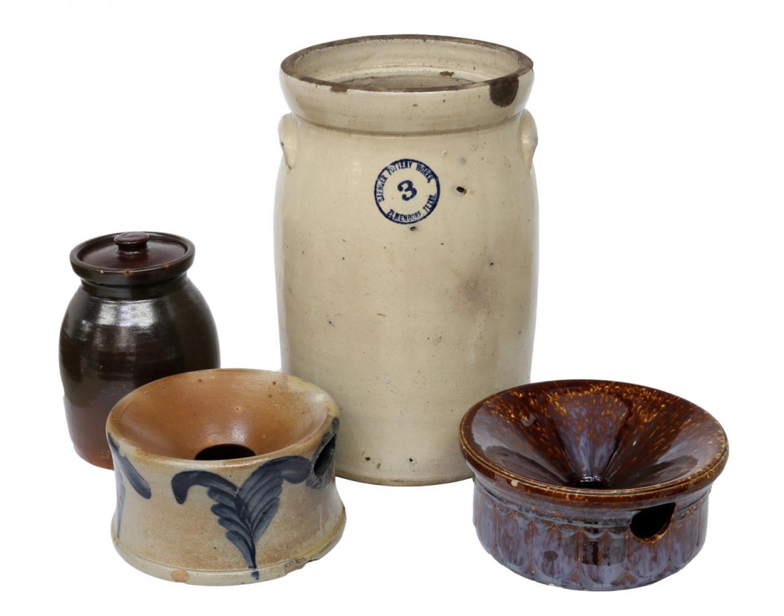 (4) STONEWARE CROCKS & SPITTOONS, ROCKINGHAM GLAZE (1 of 1)