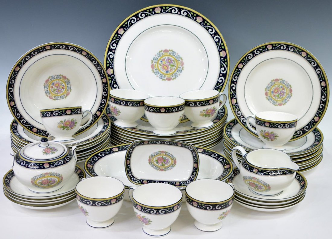 (38) ENGLISH WEDGWOOD 'RUNNYMEDE' DINNER SERVICE: (lot of 38) English Wedgwood 'Runnymede' bone china dinner service set, pattern #W4472, comprising; (10) service plates, approx: 10.75"d; (8) bowls, approx: 8"d; (8) bread and butter plates, approx: 8