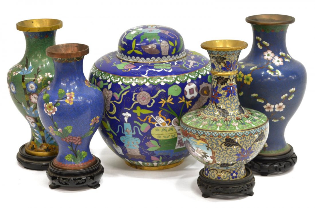 (5) VINTAGE CHINESE CLOISONNE ENAMEL CABINET VASES (1 of 8)