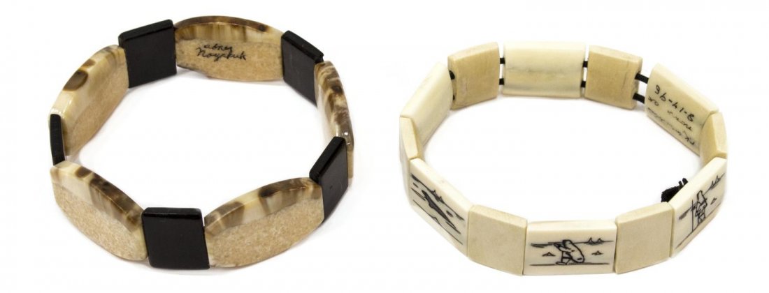 (2) ALASKAN INUIT CARVED WALRUS TILE BRACELETS: (lot of 2) Inpuiat carved walrus bracelets: (1) paleo walrus tusk tiles on an expandable bracelet, signed at the interior on one tile Abner Noyakuk (Inupiat People, Northern Alaska, 1931-1997), five w