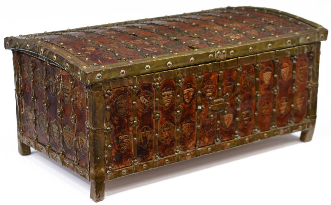 ANTIQUE FRENCH HERALDIC LEATHER & METAL TABLE BOX (1 of 3)