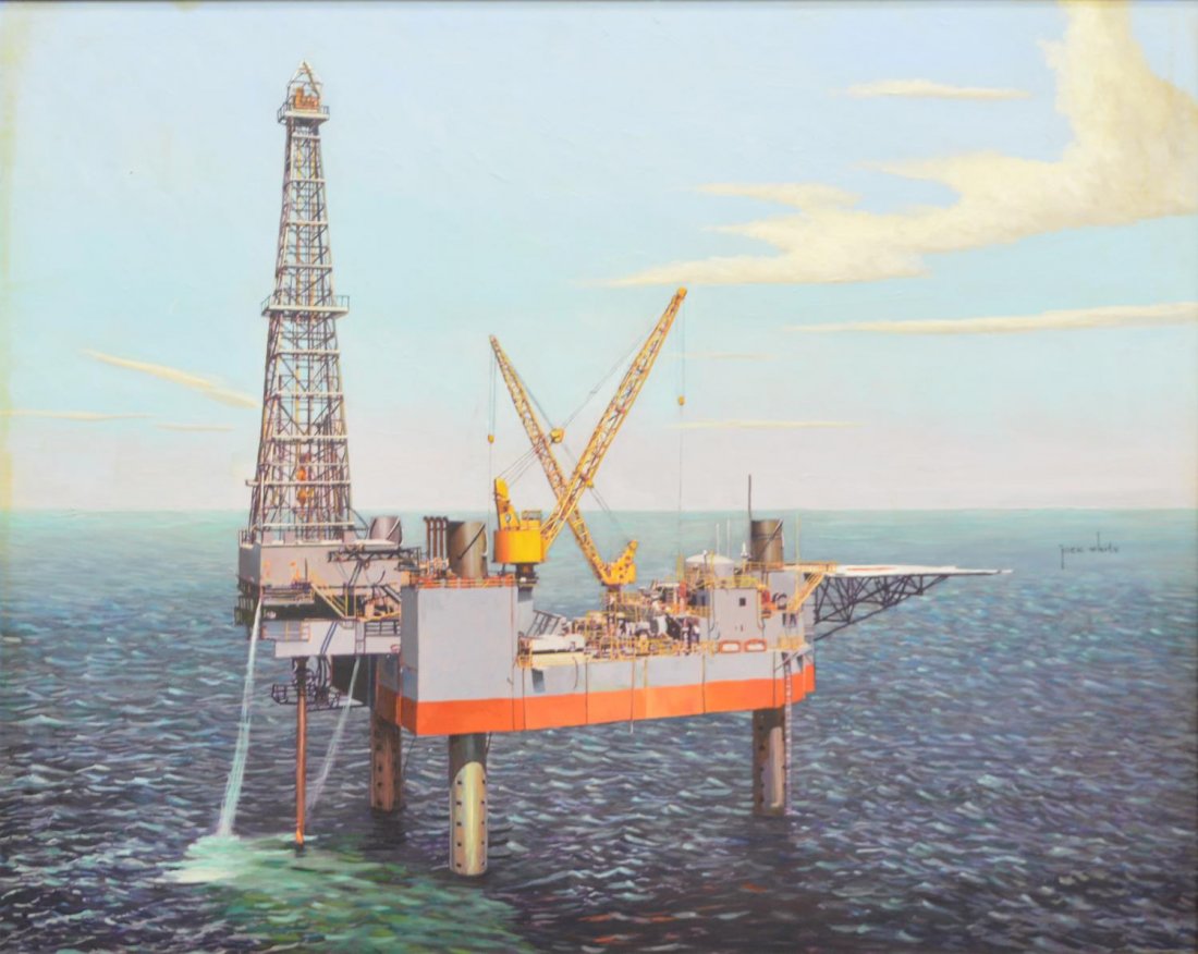 JACK WHITE (TEXAS, B. 1933) OIL DRILLING PAINTING: Framed oil painting on masonite, Offshore Drilling, signed at center right, Jack White (Texas, b. 1933), approx sight: 23.5"h, 29.5"w, overall: 34.25"h, 40.25"w, 15.75lbs total *Provenance: Ronald McD