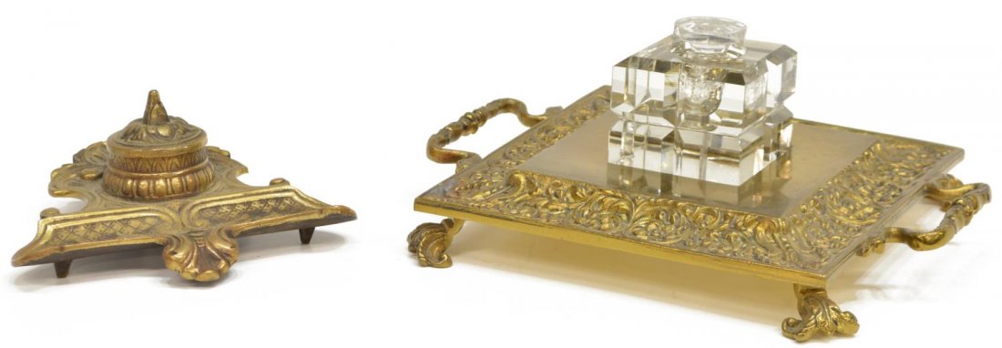 (2) ORNATE ANTIQUE GILT BRASS & GLASS INKSTANDS (1 of 8)
