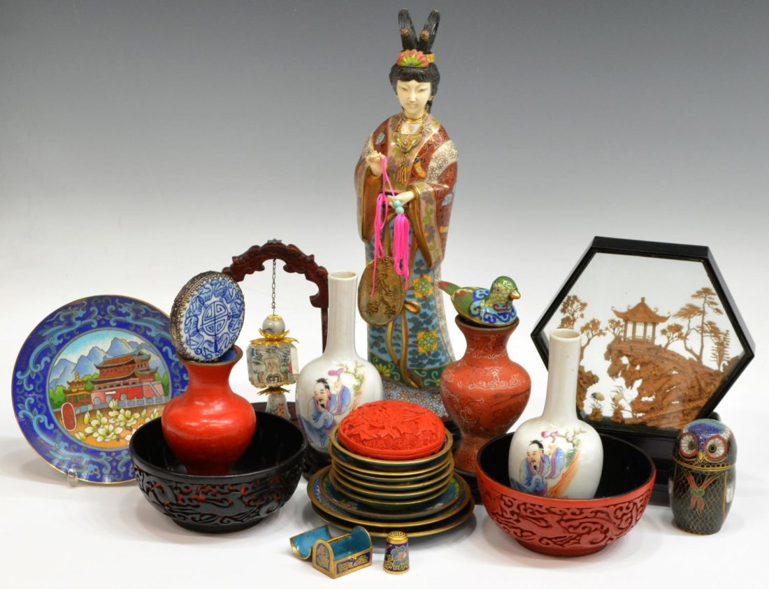 CHINESE CLOISONNE, CINNABAR CABINET GROUPING (1 of 3)