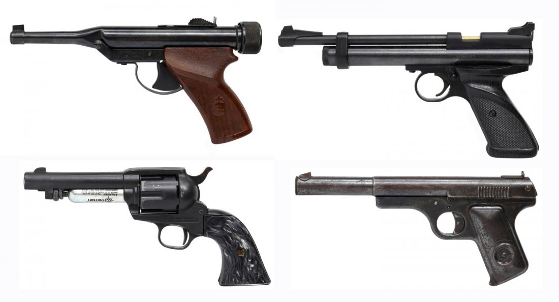 (4) AIR HANDGUNS, HY-SCORE, CROSMAN, DAISY: (lot of 4) Air handguns: (1) Hy-Score Target Air Pistol, floral engraving, plastic checkered grips with thumb rest, strong action, SN 890368; (1) Crosman air pistol Model 2240, .22 caliber pellet, CO2