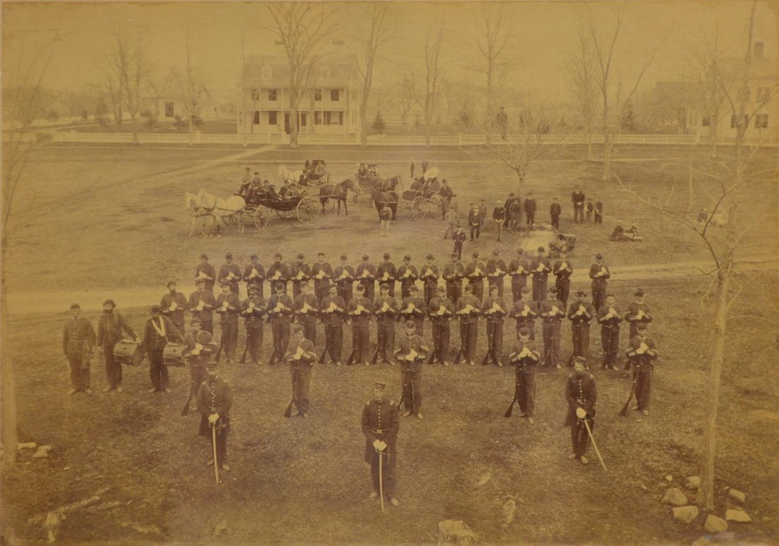LARGE CIVIL WAR PHOTO, UNION SOLDIERS, MILFORD, CT.: Large Civil War photograph, c. 1861, Milford, Connecticut, a group of Union soldiers, all wearing white gloves, including enlisted soldiers with rifles, drummers, NCO's and officers with swords standi
