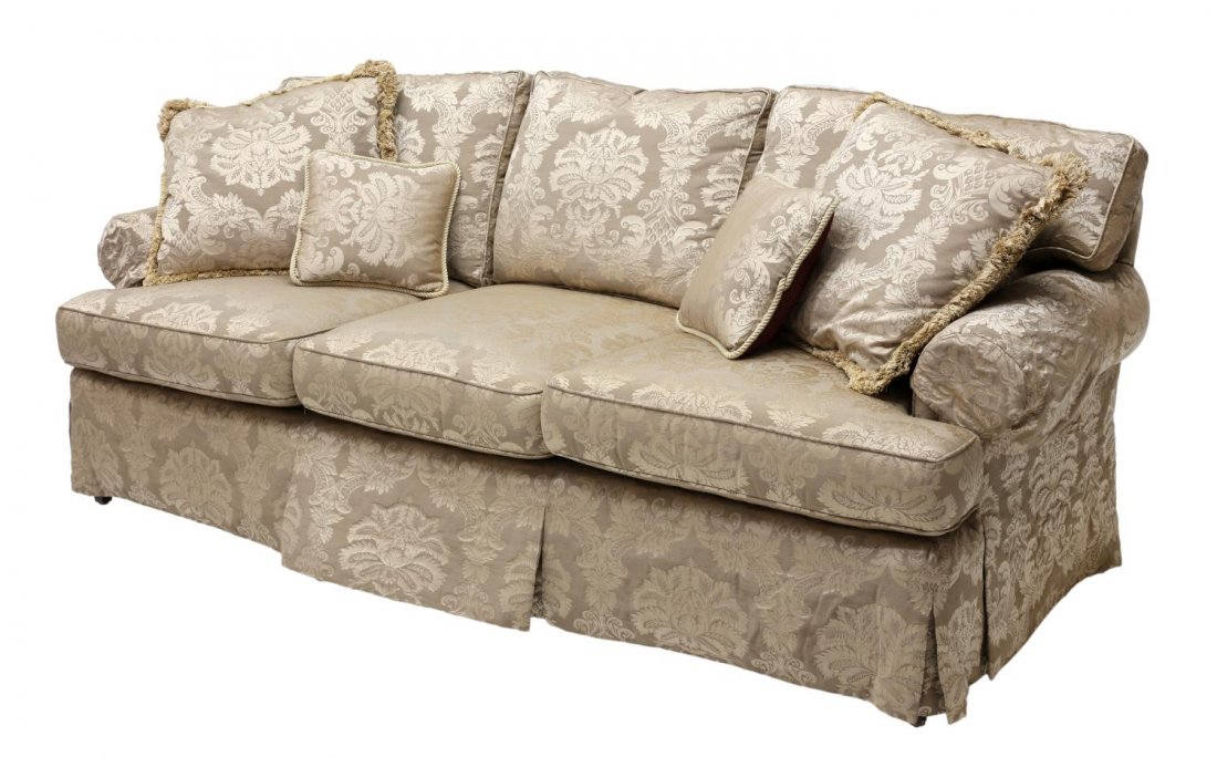 CENTURY FURNITURE DAMASK UPHOLSTERED SOFA: Century Furniture three-seat sofa, the straight back with cushions, over the three-cushion seat, with padded scrolling arms, tailored skirt, label below center seat cushion, light gold and beige tone 