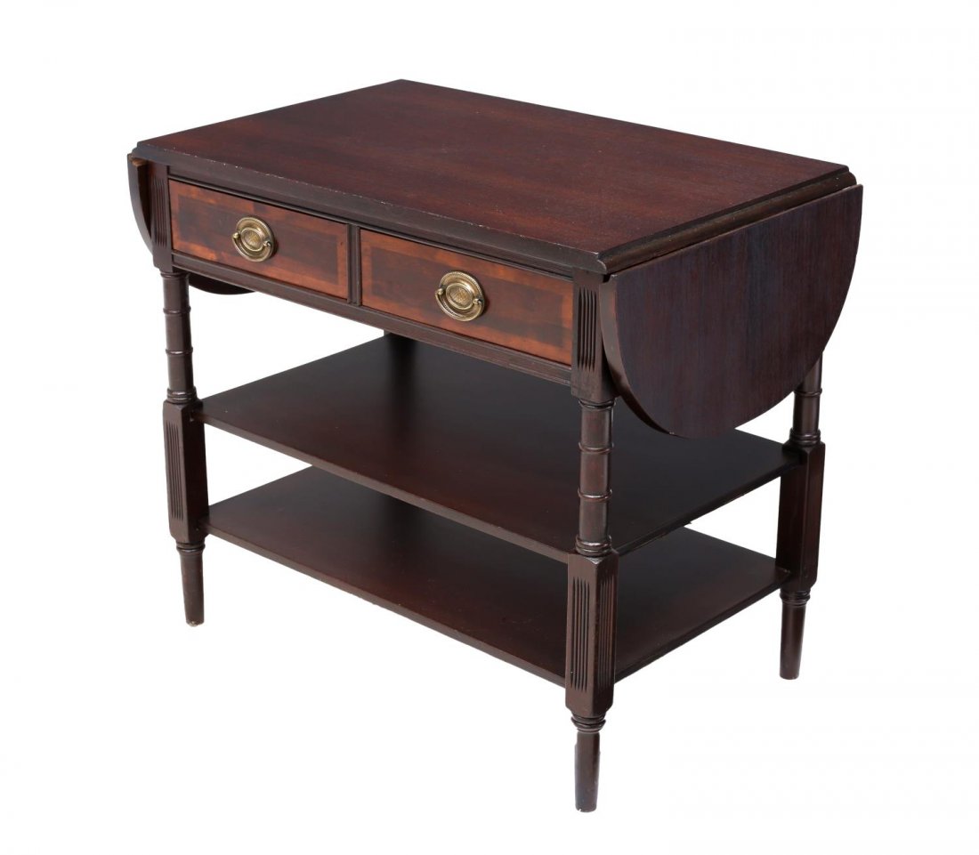 AMERICAN MAHOGANY SERVICE CART, SHELVES, DRAWERS: American mahogany service or tea cart, 1940's, rectangular with drop sides opening to 47"w, two drawers over two lower shelves, rising on turned supports, lacking castors, 23.5"h, 29.25"w, 18"d Start 