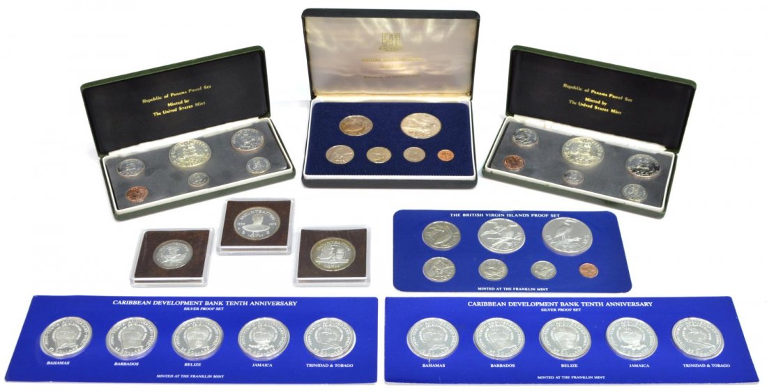 (7) U.S. & FRANKLIN MINTS, BVI, PANAMA, BARBADOS: (lot of 7) U.S. Mint and Franklin Mint proof coins, all in original packaging: (2) 1980 Caribbean Development Bank Tenth Anniversary, five coins with 10 dollar Bahamas, 25 dollar Barbados, 25 dollar B