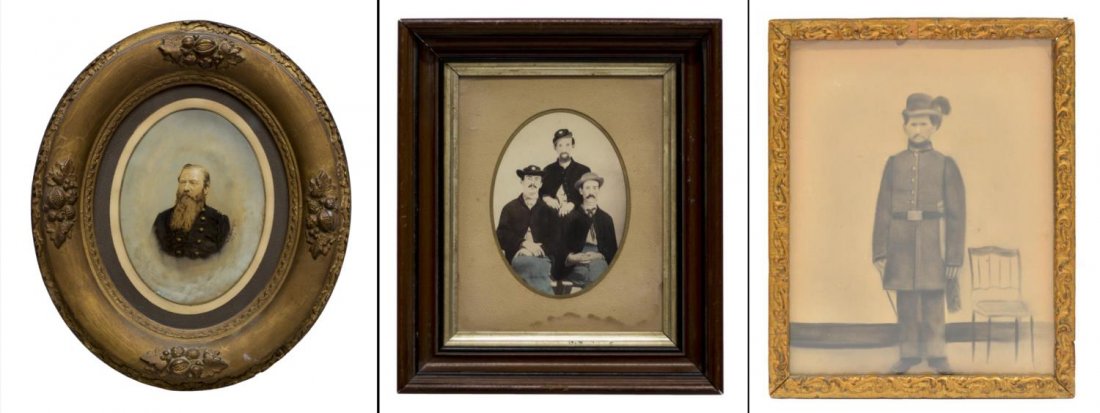 (3) U.S. CIVIL WAR PAINTED SOLDIER PHOTOGRAPHS: (lot of 3) U.S. Civil War painted, colored photographs: (1) painted photograph portraying a Union officer in uniform, signed right center Will. C. Holmes, pix, 1873", marked at the verso E. Gutekunst 