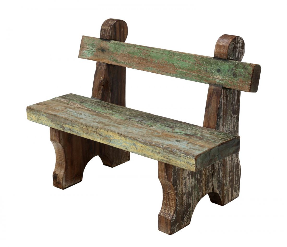 BRITISH COLONIAL GARDEN BENCH: British Colonial garden bench made of large cut timbers, a single back slat over the thick solid wood seat, raised on shaped slat supports, 34.5"h, 47"w, 24"d Start Price: $150.00