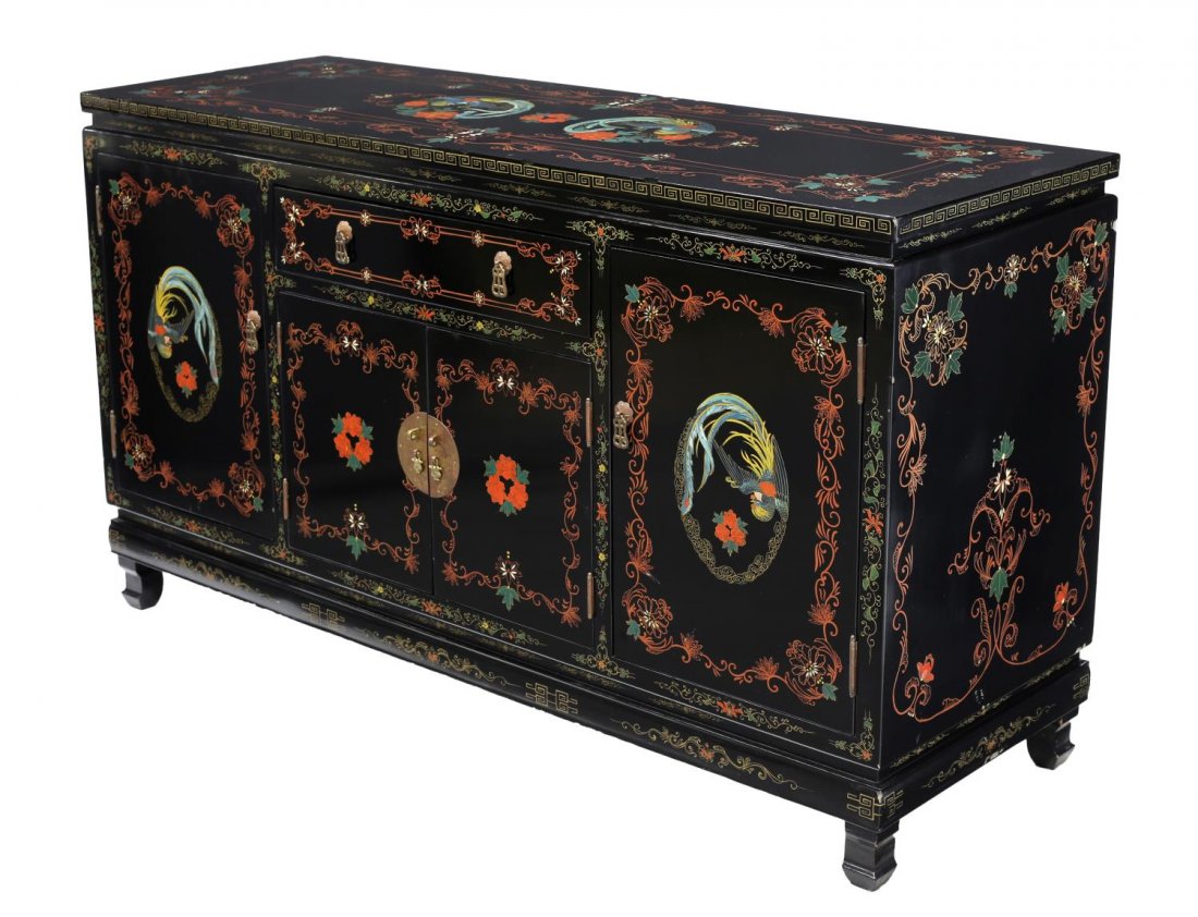CHINESE LACQUERED & POLYCHROME SIDEBOARD: Chinese black lacquered sideboard, 20th c., bearing the metal tag of "Trade Mark Shangai, China, Lacquer Furniture", having polychrome parcel gilt decoration with Phoenix birds, a frieze drawer over t