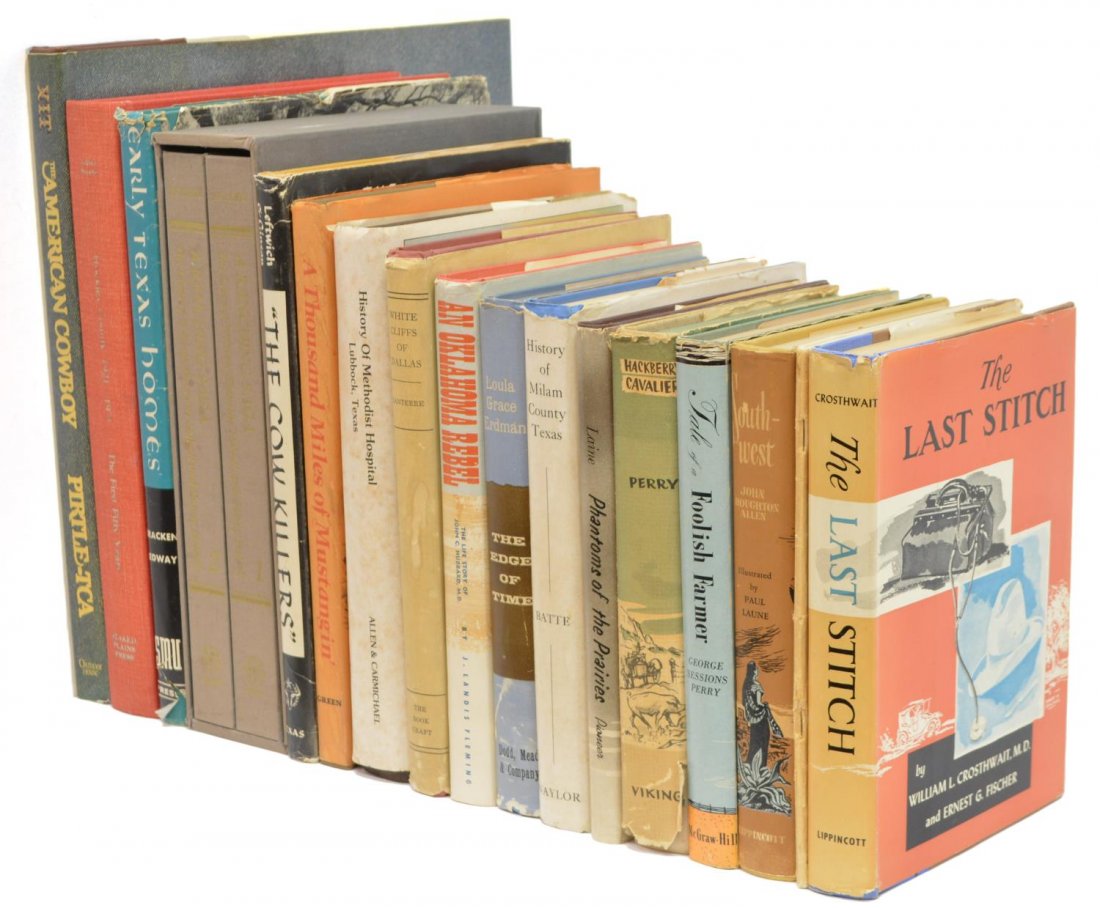 (17) BOOKS: MOSTLY TEXANA, MOST AUTHOR AUTOGRAPHED: (lot of 17) Texana books: (1) "A Ranching Saga, THe Lives of William Electious Halsell and Ewing Halsell", two volumes, William Curry Holden (autographed) illustrated by Jose Cisneros (autographed), T
