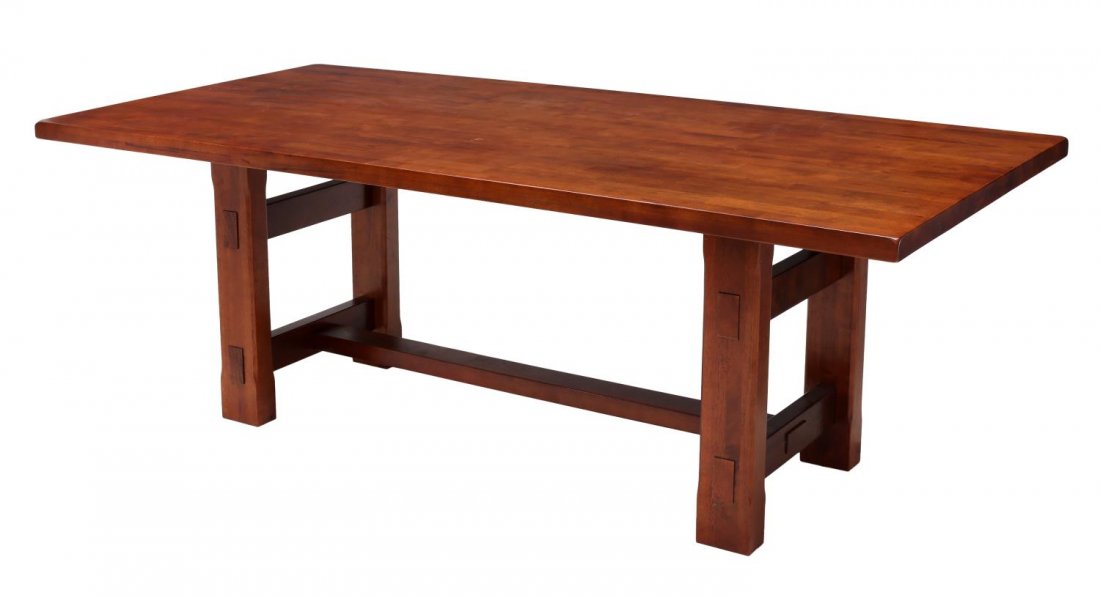LARGE TEAKWOOD RECTANGULAR DINING TABLE: Large teakwood dining table, the rectangular top over stretcher joined squared columnar supports, 30"h, 84"w, 39.5"d Start Price: $200.00
