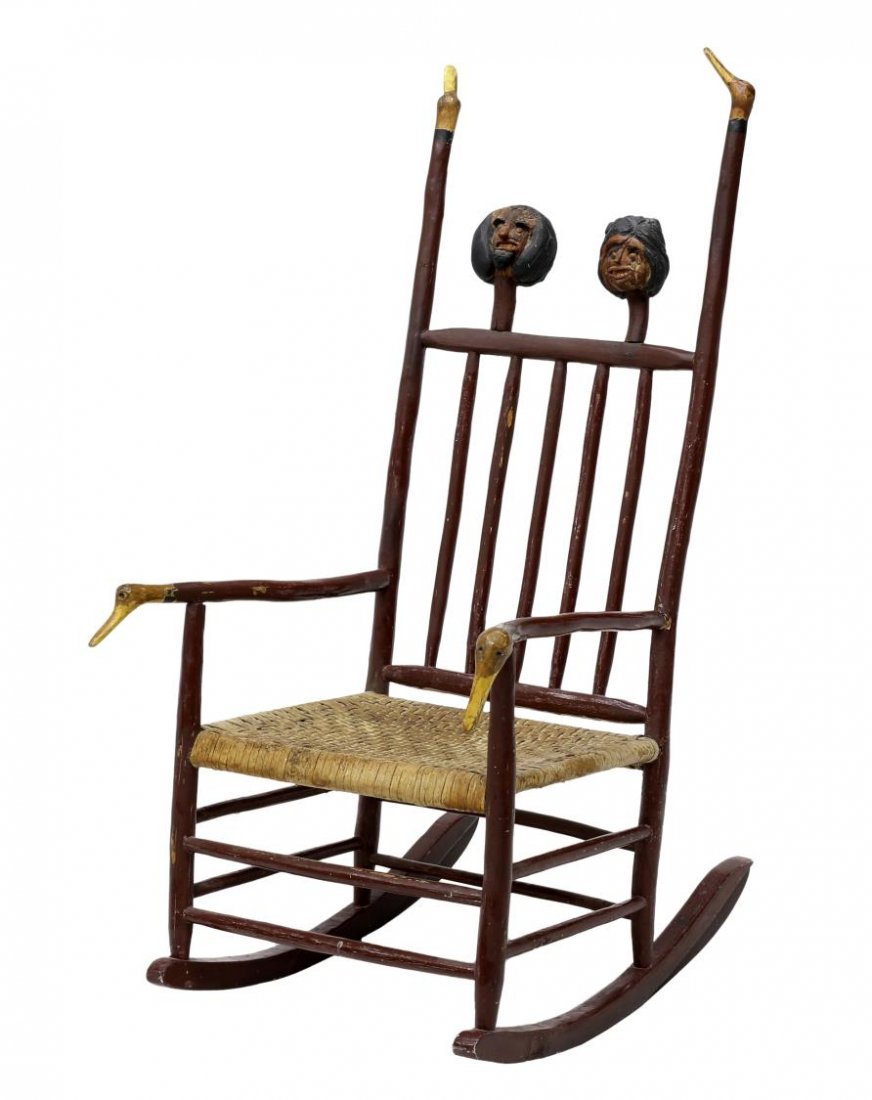FOLK ART ROCKER, ATTRIB MOSES OGDEN (1844-1919): Carved figural folk art painted rocking chair attributed to Moses Ogden (Angelica, New York, 1844-1919), appearing as hand carved from natural form wood sticks, the stiles topped with carved duck head