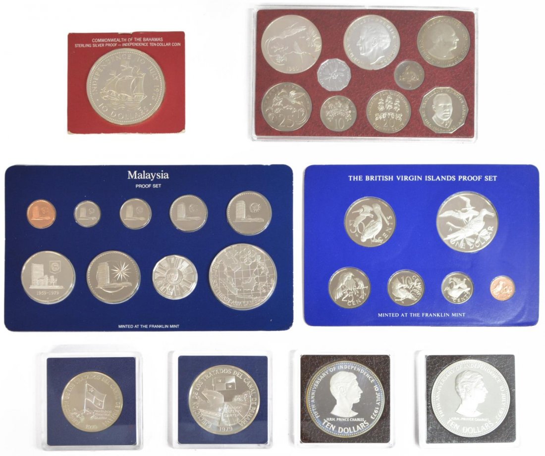(6) FRANKLIN & VALCAMBI PROOF COINS MALAYSIA, MORE: (lot of 6) Franklin Mint and Valcambi proof coins in original packing: (1) 1980 Malaysia nine coin set, the 25, 10 and 1 Ringgit in .925 sterling silver; (1) 1979 Republic of Panama five and ten Balbo