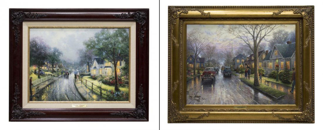 (2) THOMAS KINKADE (1958-2012), HOMETOWN SCENES: (lot of 2) Framed limited edition giclee, titled plaques at lower center, Thomas Kinkade (California, 1958 - 2012), comprising; (1) "Hometown Memories I", Edition Two, 1997, one of 4950 signed; (1) "H