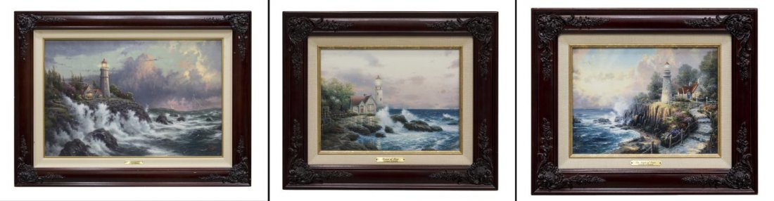 (3) THOMAS KINKADE (1958-2012), LIGHTHOUSES: Framed limited edition giclee, each having titled plaques lower center, Thomas Kinkade (California, 1958 - 2012), comprising; (1) "The Light of Peace", Edition 2, 1998, one of 3450 signed; (1) "Beacon
