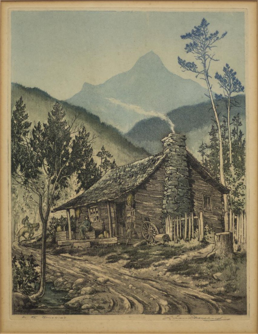 LEON PESCHERET (1892-1971) ETCHING, SMOKEY MNTNS: Framed etching, "In The Smokies" titled in pencil at lower left, signed in pencil lower right Leon Pescheret (Leon Rene Pescheret, U.K., Arizona, 1892-1971), sight: 14.75"h, 11.25"w, overall: 23"h, 19