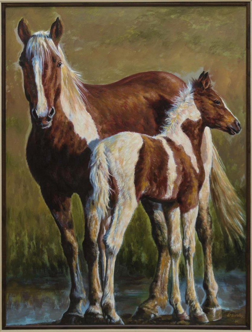 FRAMED OIL ON CANVAS PAINTING, MARE AND FOAL: Framed oil on canvas painting, Mare and Foal, signed lower right Gains? (illegible, 20th c.), sight: 39.25"h, 29.25"w, overall: 52.25"h, 42.25"w, overall: 17.75lbs Start Price: $100.00