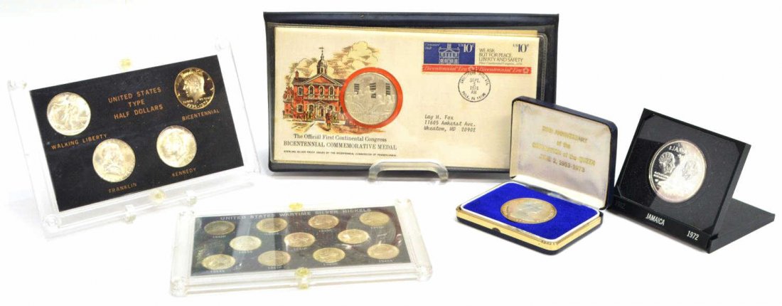 (5) U.S., SILVER NICKELS, COOK ISLE SILVER, MORE: (lot of 5) Coins: (1) plastic case with eleven U.S. Wartime silver nickels, 1942-1945, one each date and mint mark; (1) plastic case United States type half dollars, four coins; (1) The Official First