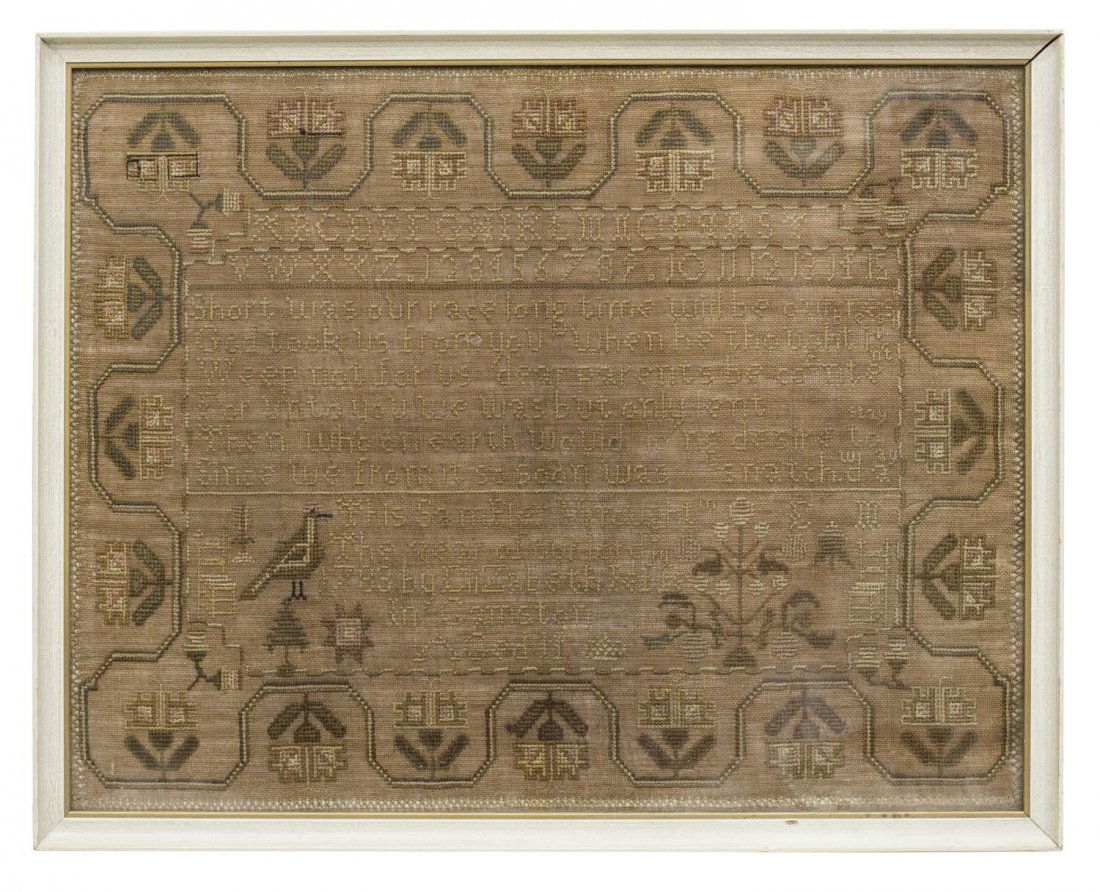 ENGLISH NEEDLEPOINT EMBROIDERY SAMPLER LATE 18THC: Framed needlepoint on linen sampler, English, 1783, with border of flowers around numbers and alphabet, around "Short was our race, long time will be our rest, God took us from you when he thought it