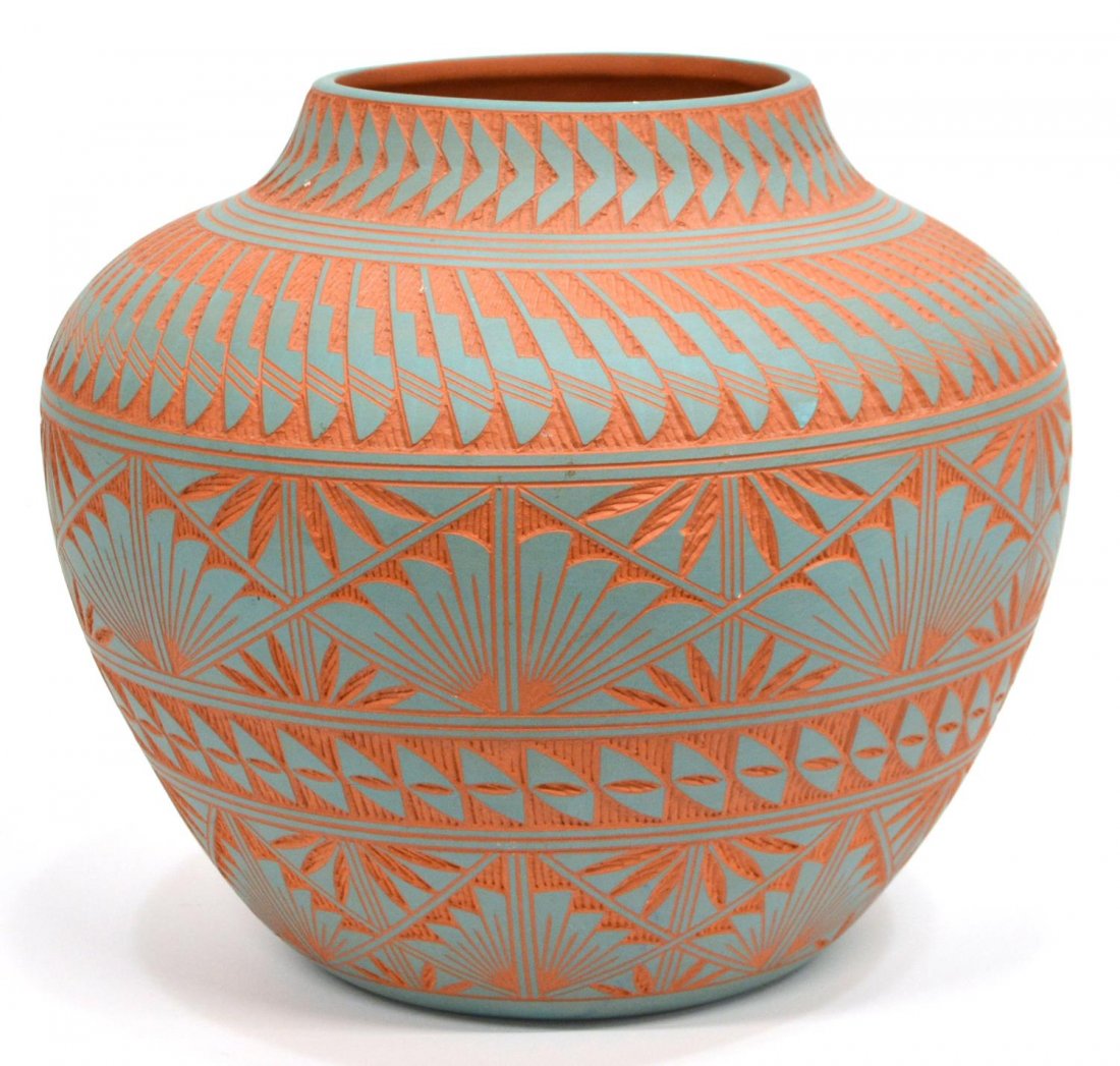 ACOMA, NEW MEXICO INDIAN POT, 10.5"H: Native American clay pot, Acoma, New Mexico, in turquoise and terracotta colors, signed A/B/T, approx. 10.5"h, 12"diameter, 7.25lbs Start Price: $40.00