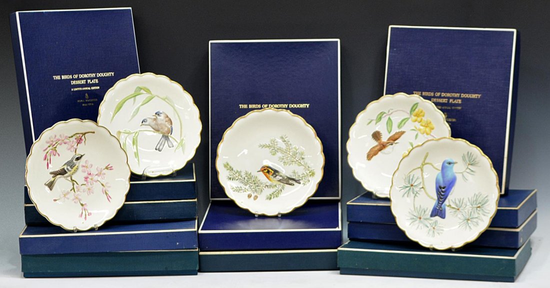 (12) "BIRDS OF DOROTHY DOUGHTY", PLATES 1972-1983: (lot of 12) "The Birds of Dorothy Doughty", limited edition Royal Worcester 9" plates, each in original presentation box with paperwork, includes 1972-1983, each box: 2"h, 14"w, 11.75"d, total: 34lbs 