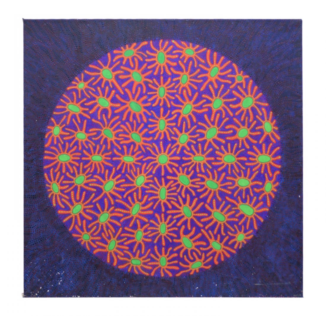 WILLIAM KIRCHNER ABORIGINAL STYLE FLORAL PAINTING: Unframed acrylic on stretched canvas, pointillist dot Aboriginal style painting, Floral Sphere, c. 1971, unsigned (William Kirchner, American 20th/21st c.), overall: 45.75"h, 45.75"w, 8.5lb *Note: Off
