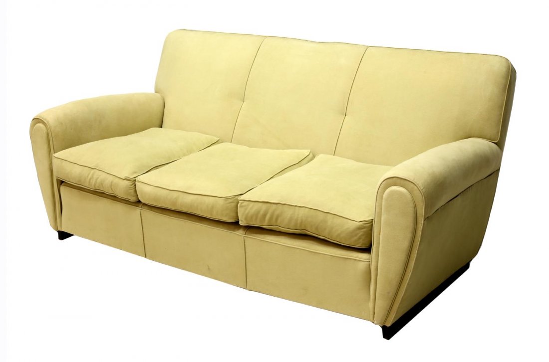 ITALIAN ART DECO POLTRONA FRAU 3-SEAT SOFA C. 1930: Italian Art Deco three-seat sofa, by Poltrona Frau, c. 1930, the slightly arched padded backrest over tapered armrests, three removable seat cushions, rising on wooden slat feet, pale green upholstery