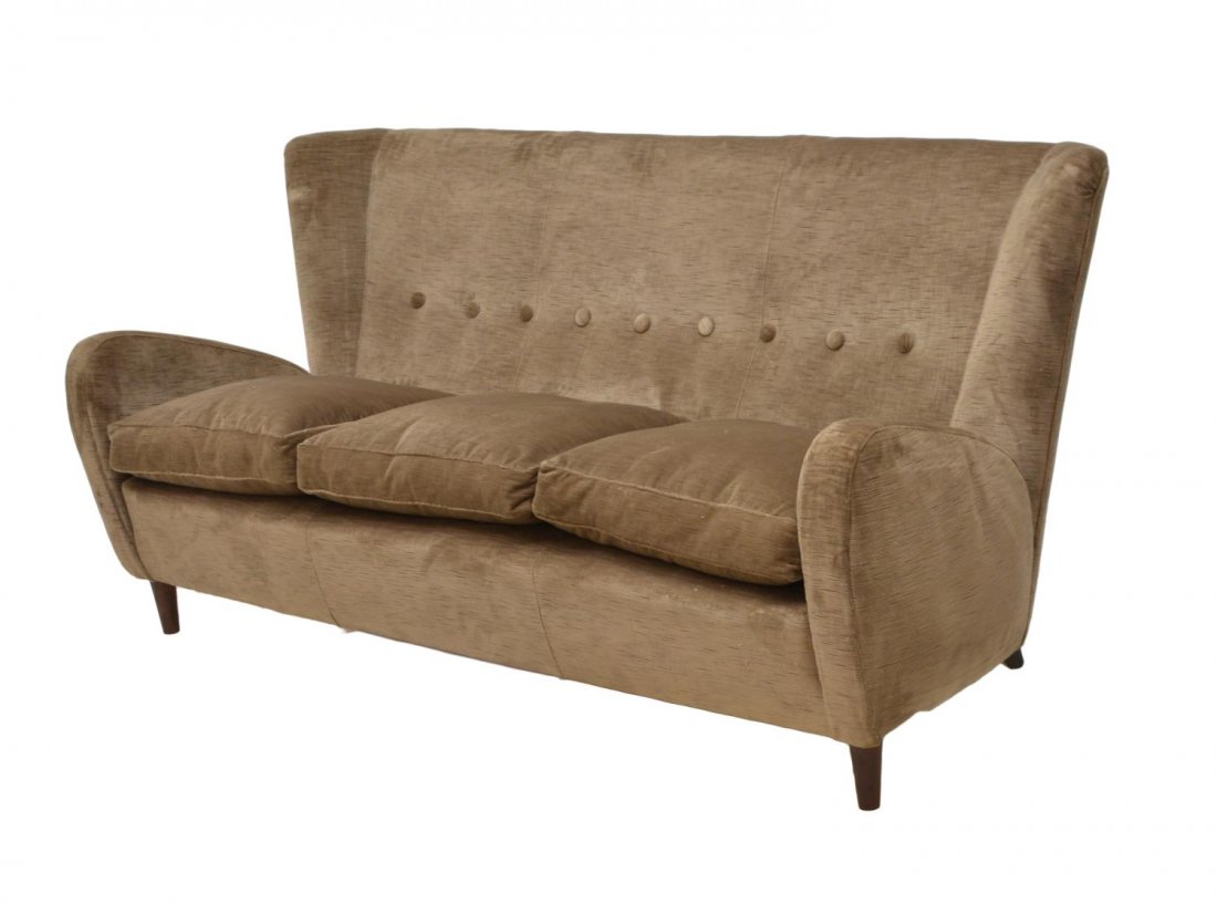ITALIAN MID-CENTURY MODERN PAOLO BUFFA SOFA C 1950: Italian Mid-Century Modern wing back sofa, design by Paolo Buffa, c. 1950, the button back accented with vertical cord trim, flared wings, over angled armrests, three removable seat cushions, rising o
