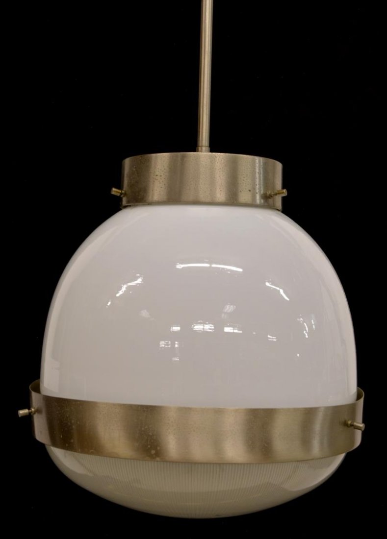 SERGIO MAZZA - ARTEMIDE MID-CENTURY CEILING LIGHT: Italian mid-century modern metal and glass ceiling light, c. 1960, design by Sergio Mazza (Italian, b. 1931) for Artemide, long cylindrical rod joined to metal frame in a nickel finish, holding a whit