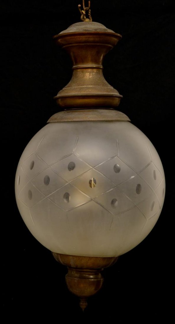 LUIGIA CACCIA DOMINIONI ITALIAN CEILING LIGHT: Italian mid-century ceiling light, design by Luigi Caccia Dominioni (Milan, b. 1913), c. 1960's, frosted and cut globe shade, enclosing a single light, in need of wiring, approx 25.5"l (to top ring) S