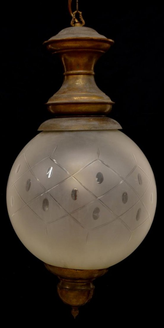 LUIGIA CACCIA DOMINIONI ITALIAN CEILING LIGHT: Italian mid-century ceiling light, design by Luigi Caccia Dominioni (Milan, b. 1913), c. 1960's, frosted and cut globe shade, enclosing a single light, in need of wiring, approx 25.5"l (to top ring)