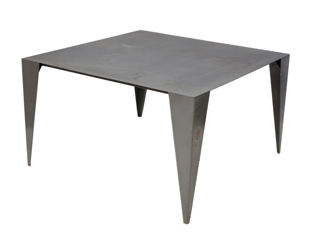 ITALIAN INDUSTRIAL STEEL WORK TABLE: Italian industrial steel work table, 1960's, rising on tapered angled supports, surface wear and some finish loss to top, 27.5"h, 47.5"w, 47.25"d Start Price: $250.00